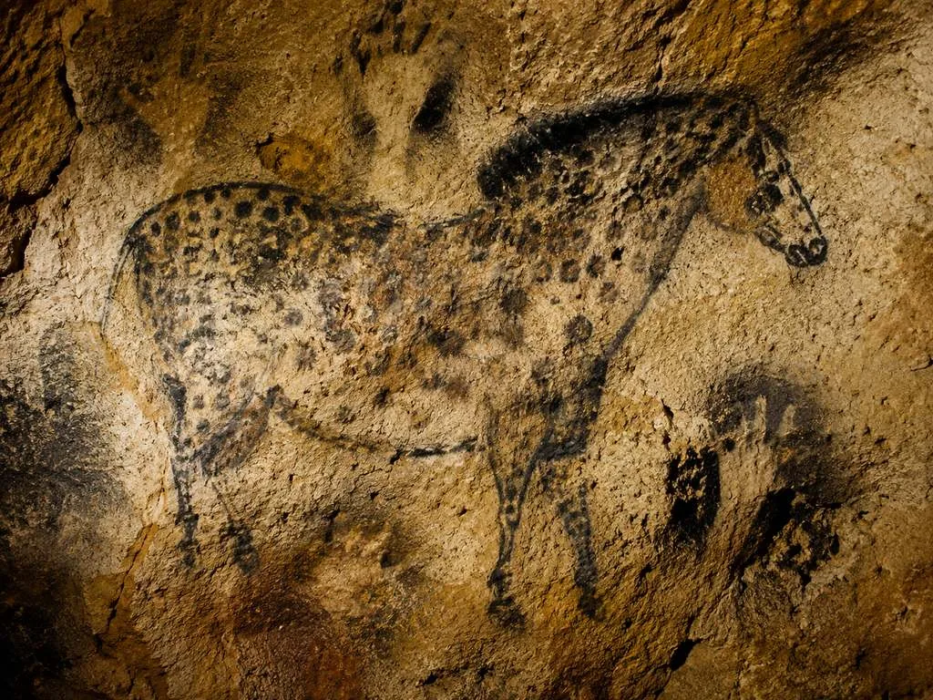 Atmospheric reconstruction of Pech Merle’s spotted horses, two horses back-to-back surrounded by dots