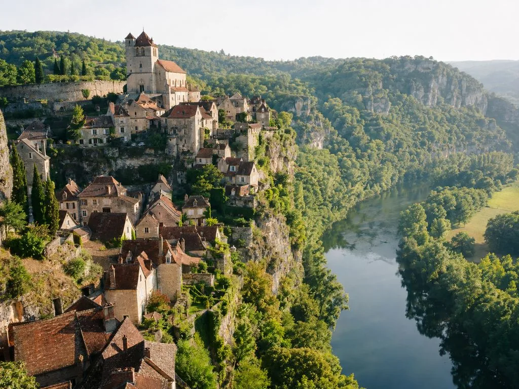 Saint-Cirq-Lapopie, a village perched above the Lot, seen from the road